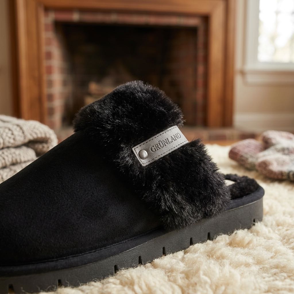 GRUNLAND Warm fabric slippers Woman black Photo 5