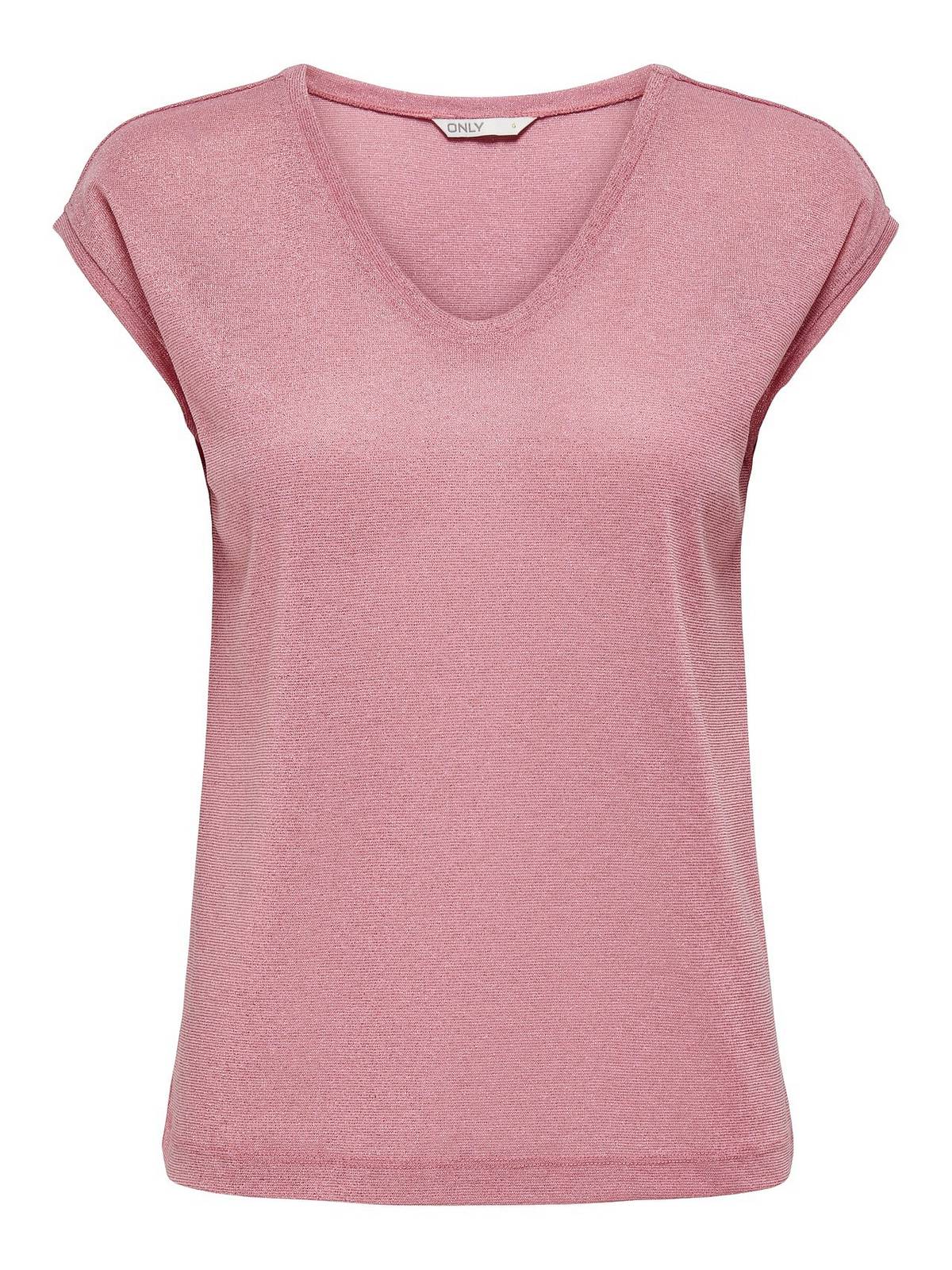ONLY Silbriges Ss V-Ausschnitt Lurex-Top - T-Shirt Damen rosa