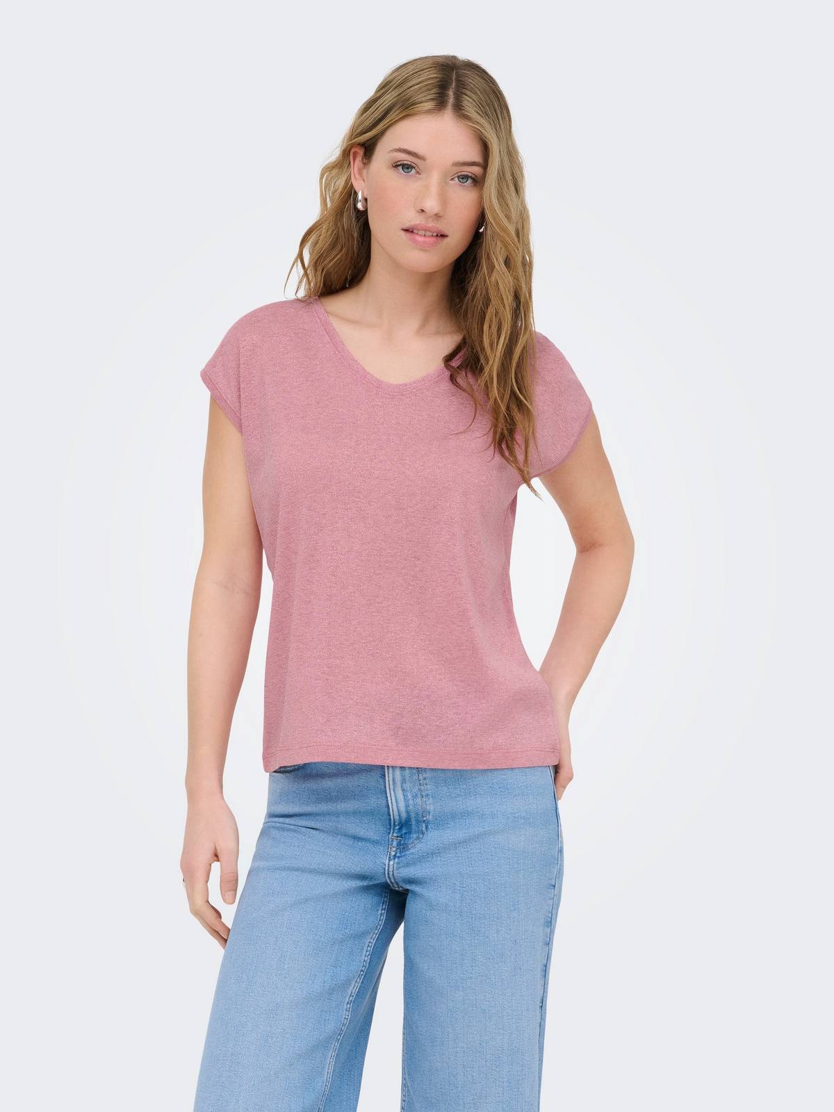 ONLY Silbriges Ss V-Ausschnitt Lurex-Top - T-Shirt Damen rosa Foto 4