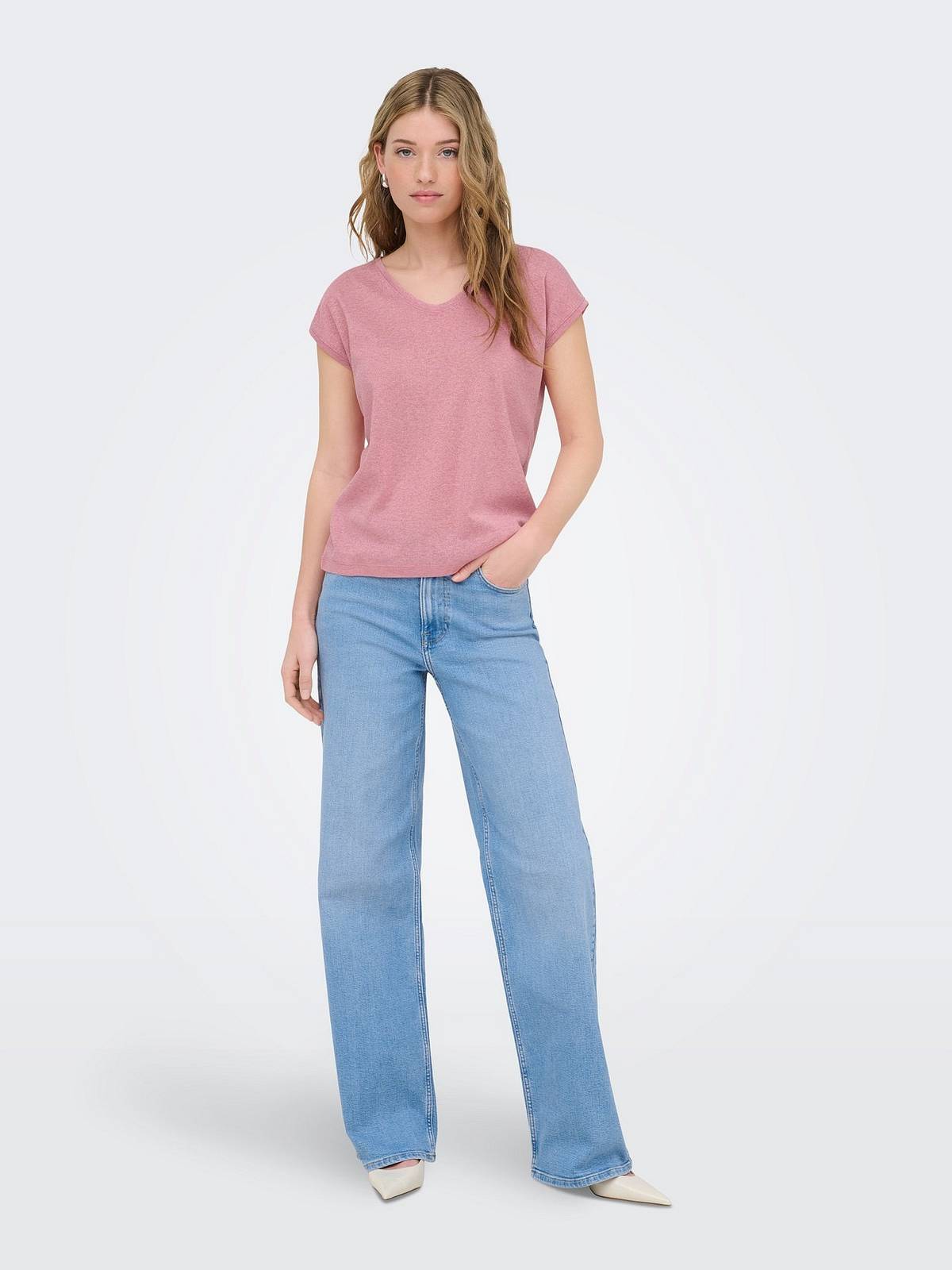 ONLY Silbriges Ss V-Ausschnitt Lurex-Top - T-Shirt Damen rosa Foto 3