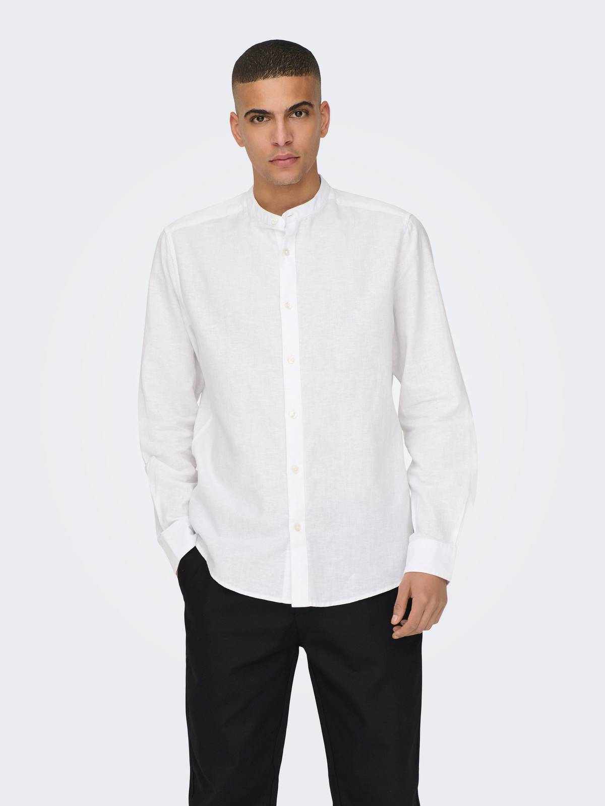 ONLY &amp; SONS Caiden Shirt Solid Linen Coreana Man white Photo 4