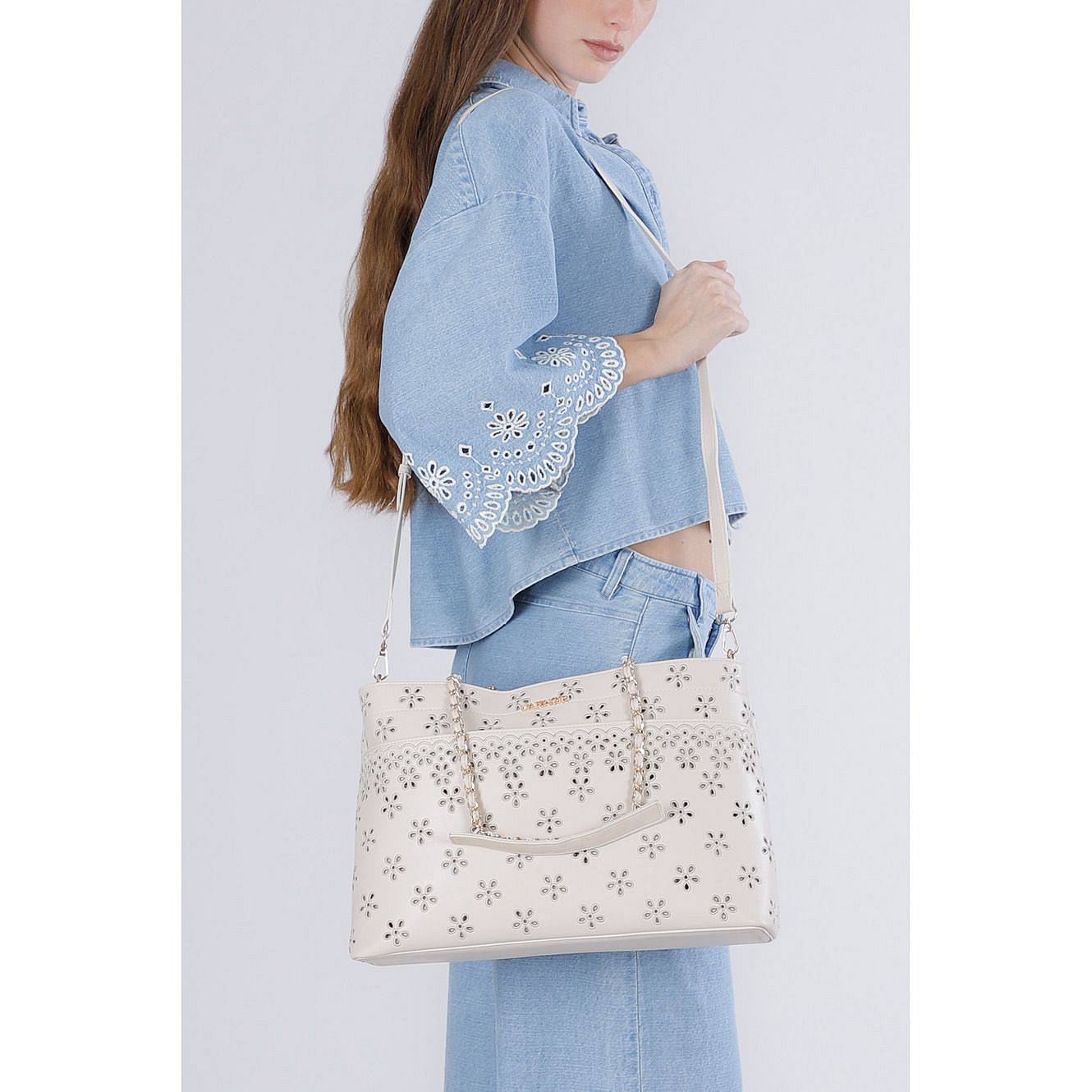 CAFE' NOIR shopping con ricamo sangallo Donna beige Foto 3