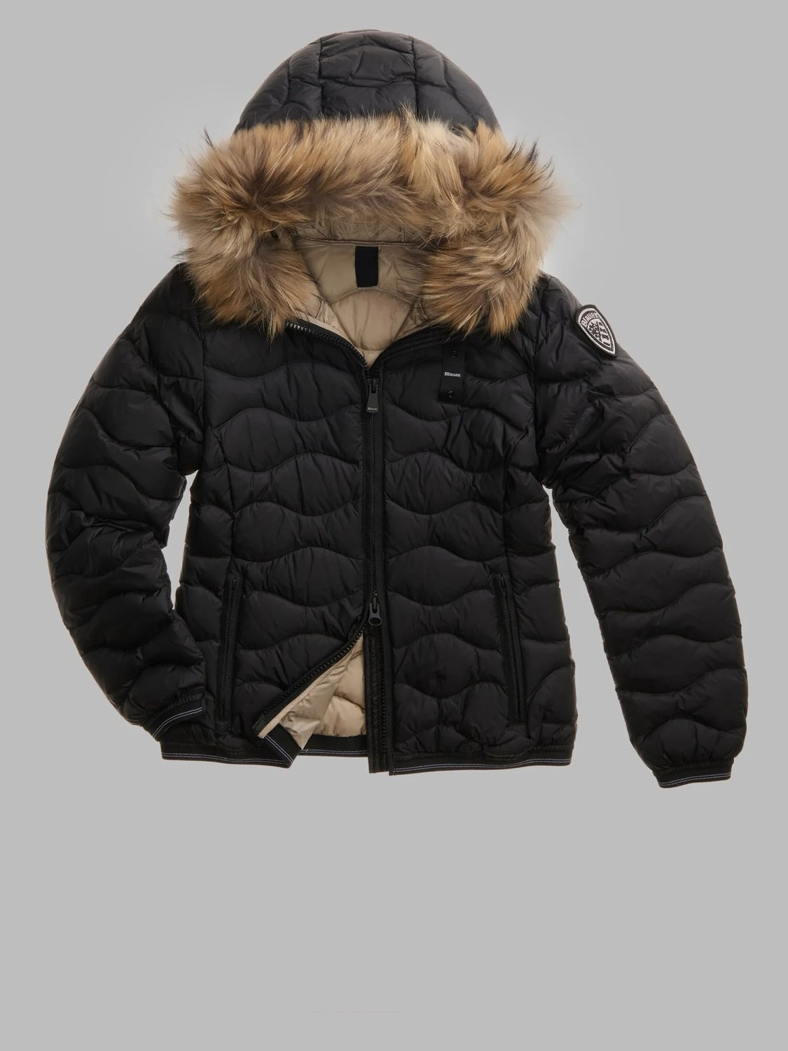 BLAUER Aldie – Kurze Daunenjacke mit Pelzbesatz Damen schwarz