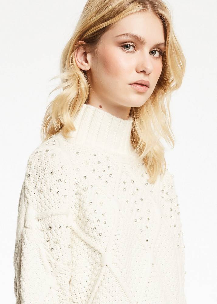 GAUDI' Maglione Collo Alto Strass bianco Pullover e Cardigan Donna  121FD53036