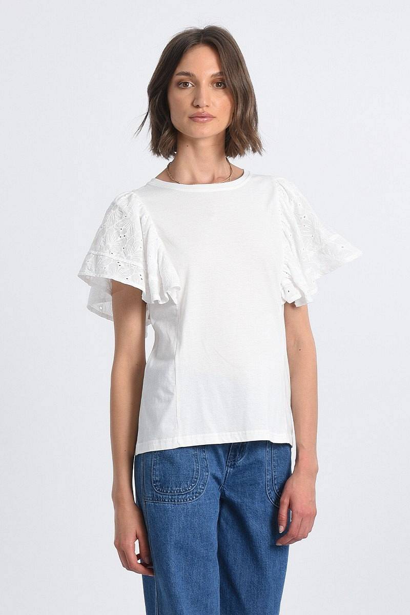 MOLLY BRACKEN Ladies Knitted Tee - T-Shirt mit gerafften Ärmeln Damen weiß