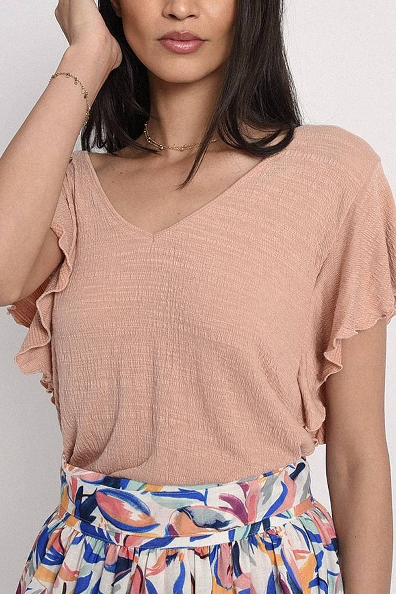 MOLLY BRACKEN Ladies Knitted Tee - T-shirt mit Rüschenärmeln Damen rosa