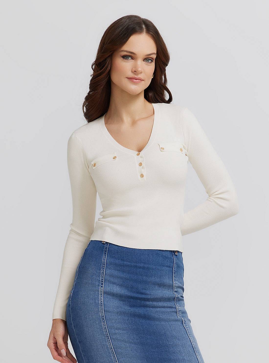 GUESS Flavie Henley Sweater - Pull à col en V Femme blanc