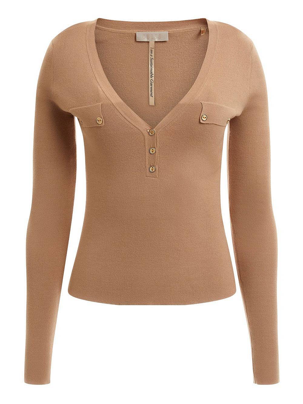 GUESS Flavie Henley Sweater - Pull à col en V Femme beige