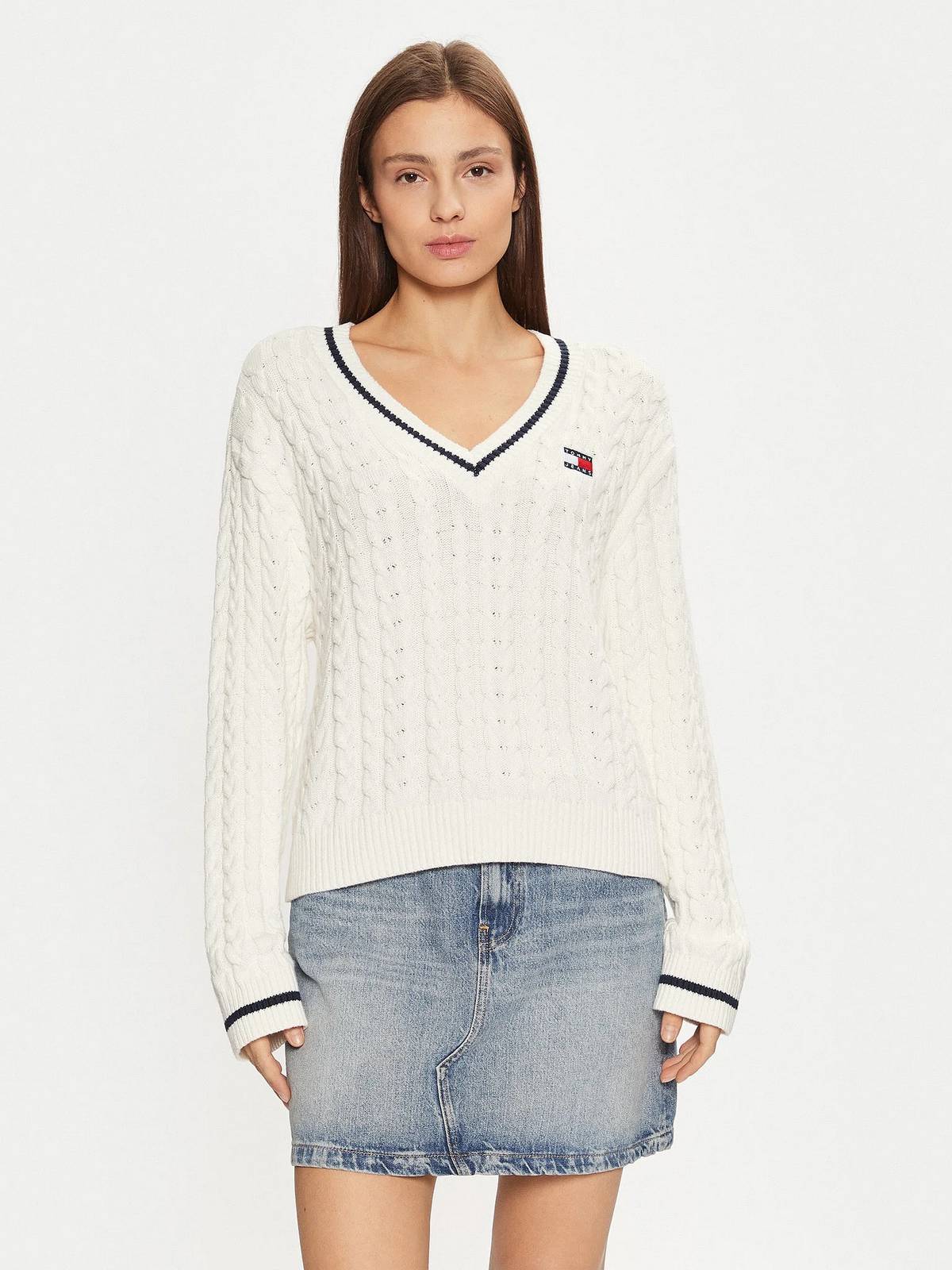 TOMMY HILFIGER Pullover mit V-Ausschnitt und Zopfmuster Damen weiß
