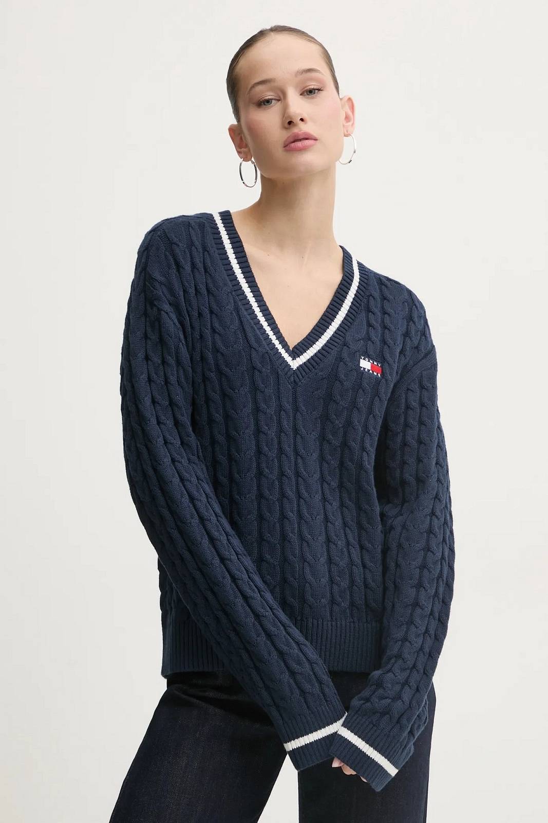 TOMMY HILFIGER Pullover mit V-Ausschnitt und Zopfmuster Damen blau