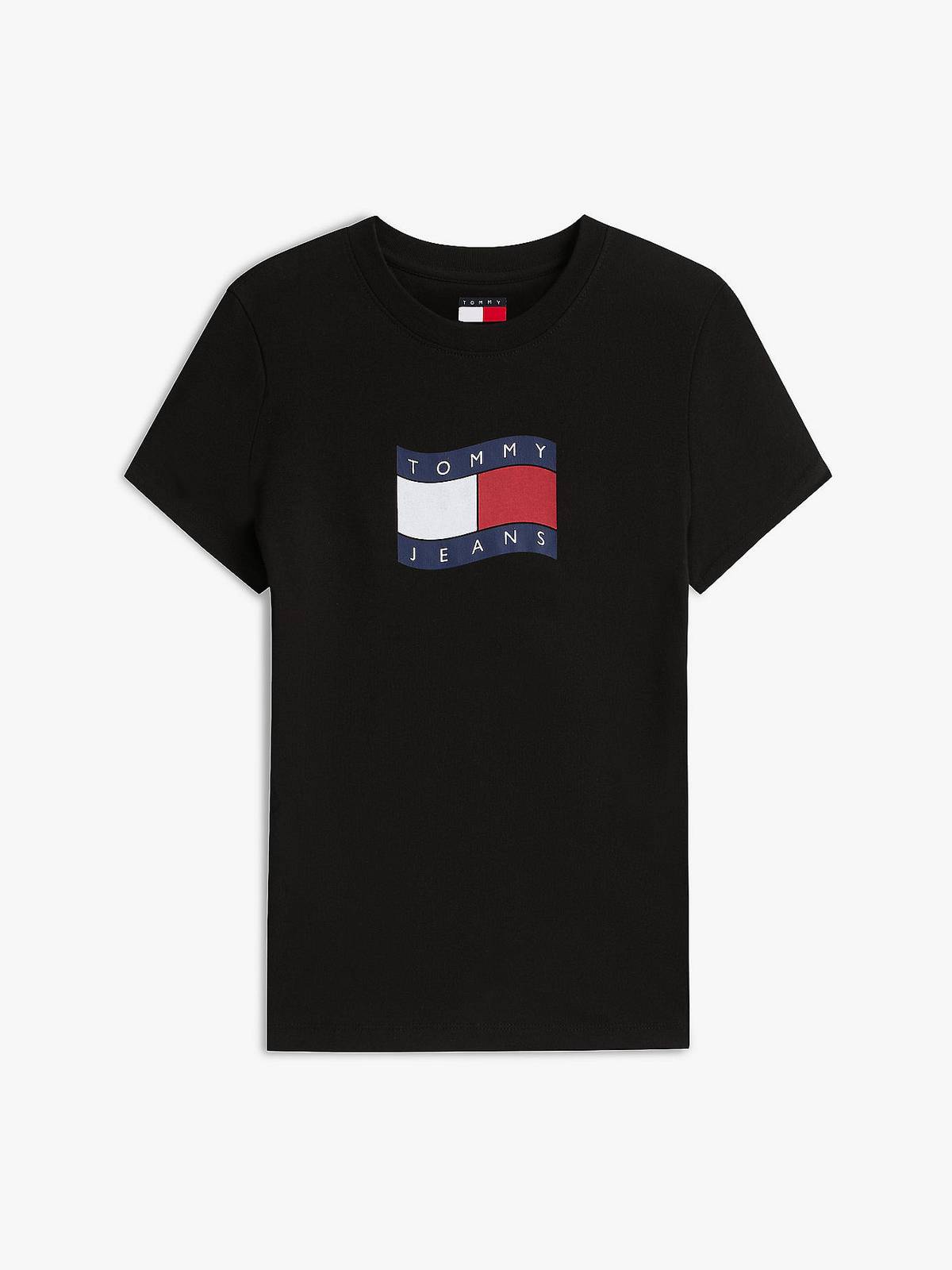 TOMMY HILFIGER Schlankes, gewelltes Flaggen-T-Shirt Damen schwarz